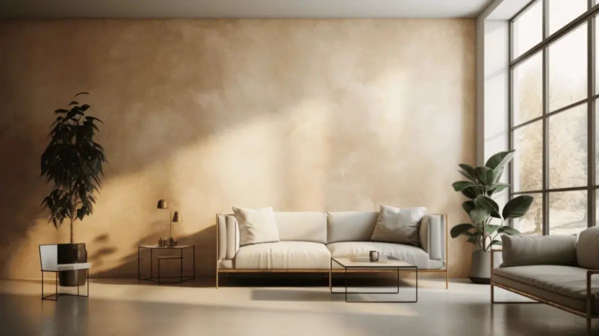 Minimalist living room with beige sofas, two plants, coffee tables, and large windows letting in natural light.