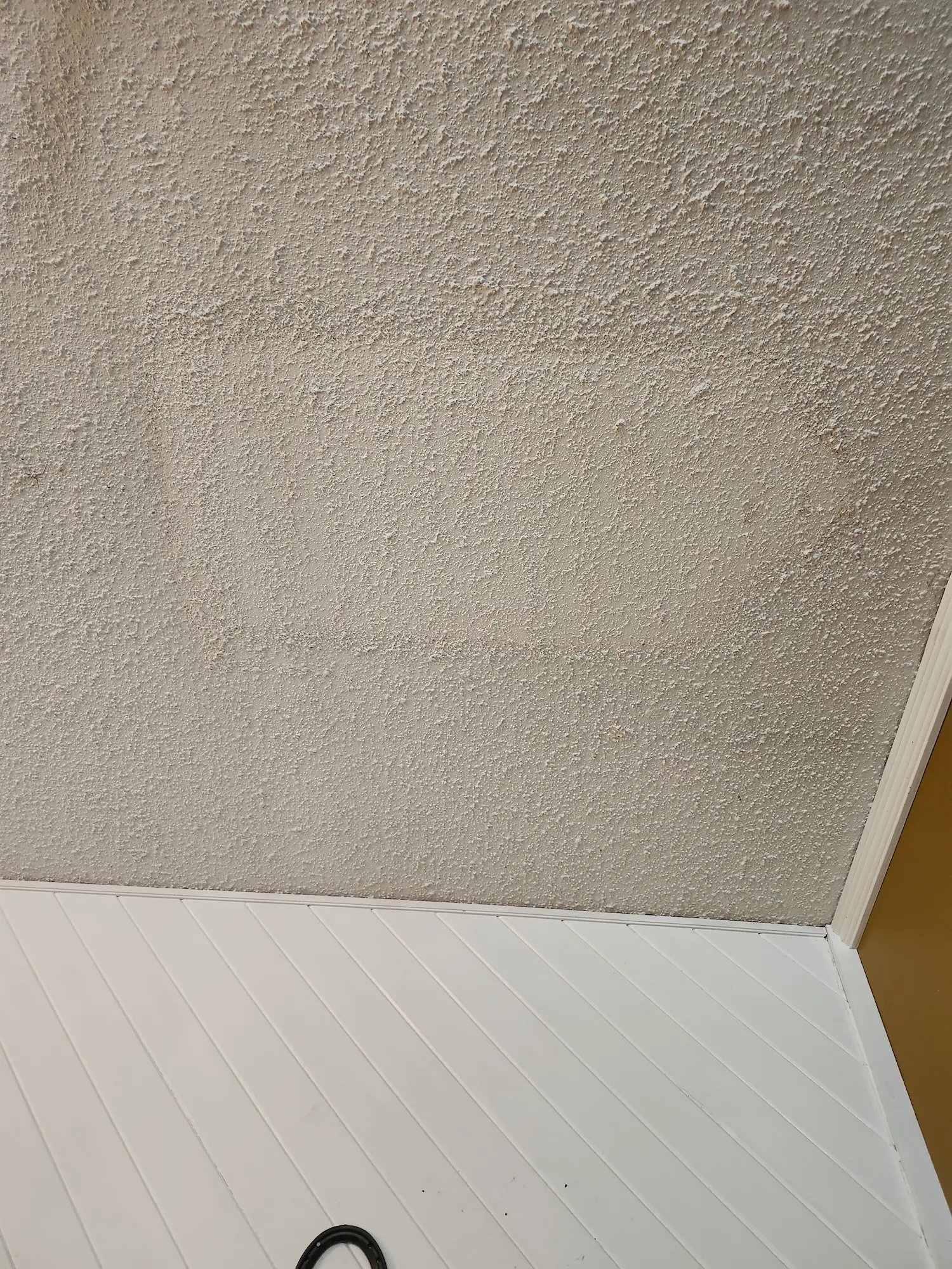 Beige textured ceiling above white paneled wall and corner of a brown doorframe.