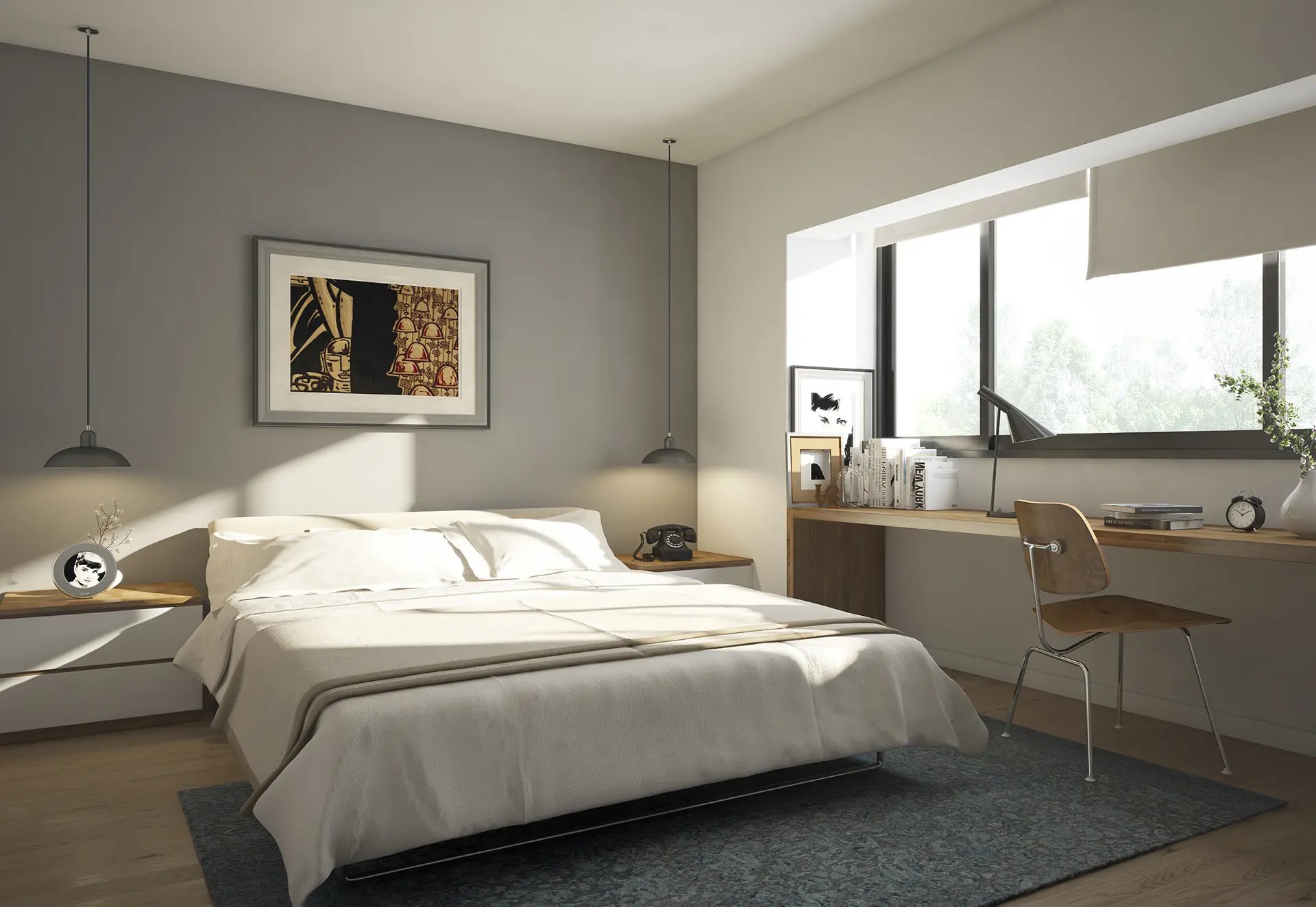 Bright modern bedroom with a large bed, hanging lamps, framed art, wooden desk, chair, and large window.