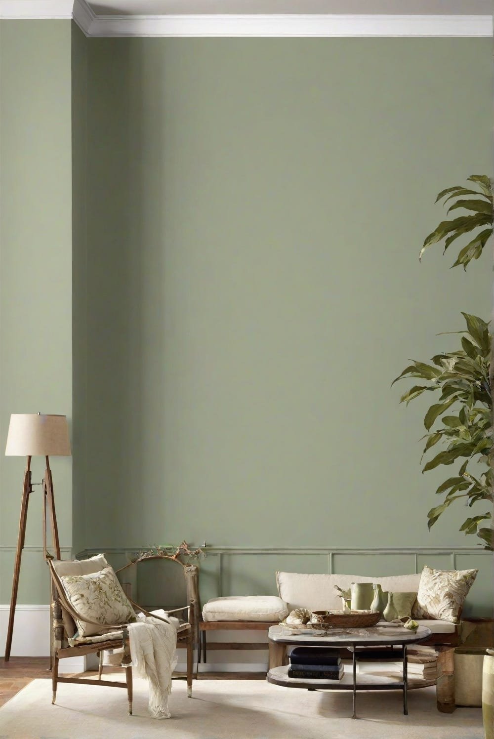 Living room with green walls, wooden chair, cushioned bench, round marble coffee table, floor lamp, and plant.