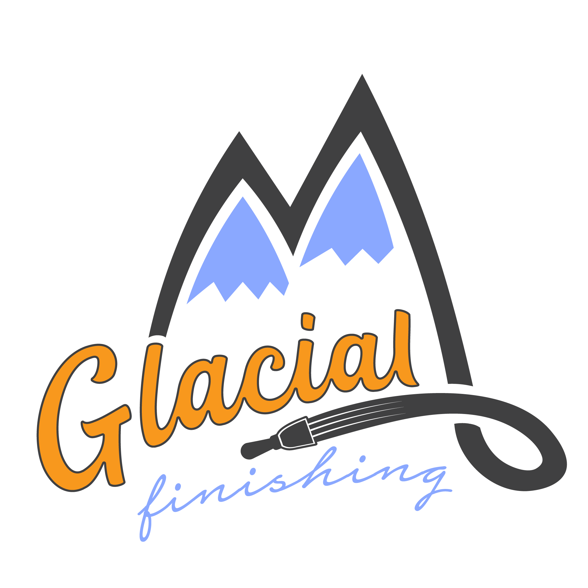 Logo with two mountain peaks and the words Glacial finishing with a hose nozzle illustration.